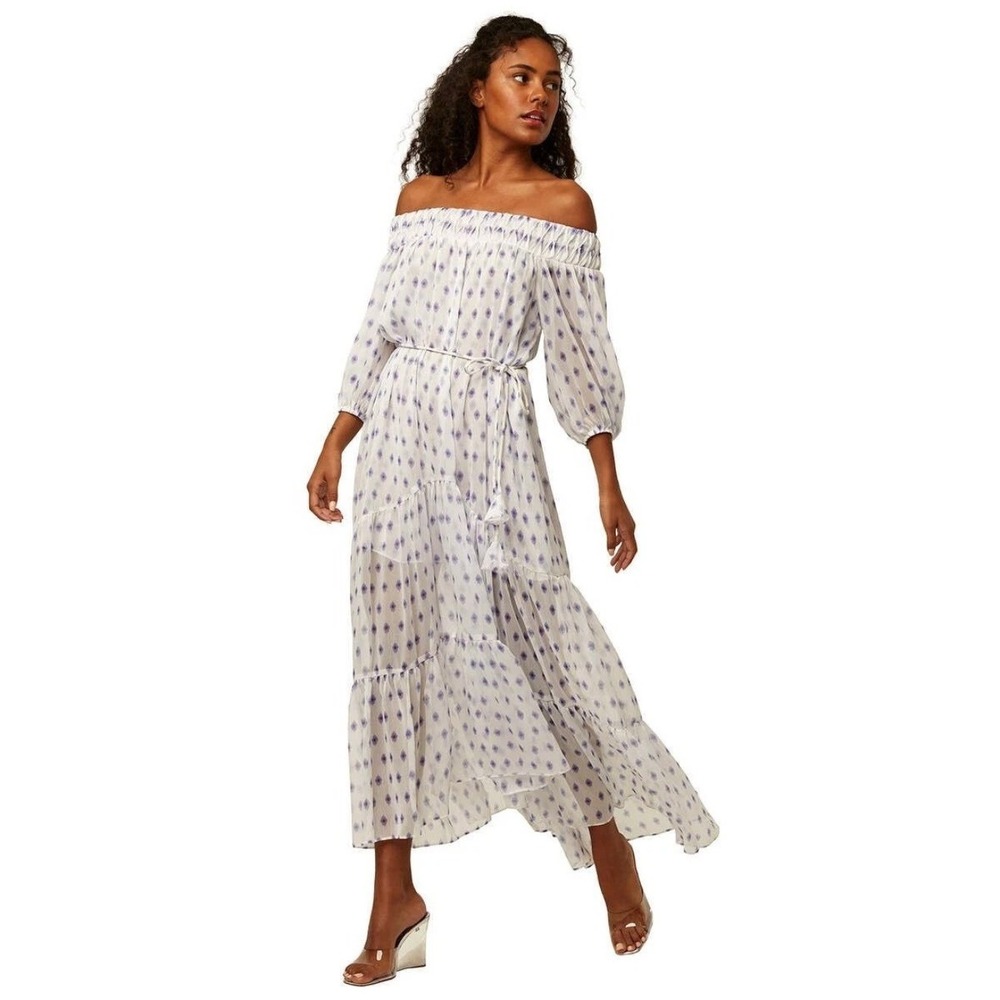 MISA Los Angeles Dress Artemis Midi White Blue Evil Eye Ikat Off Shoulder Size M